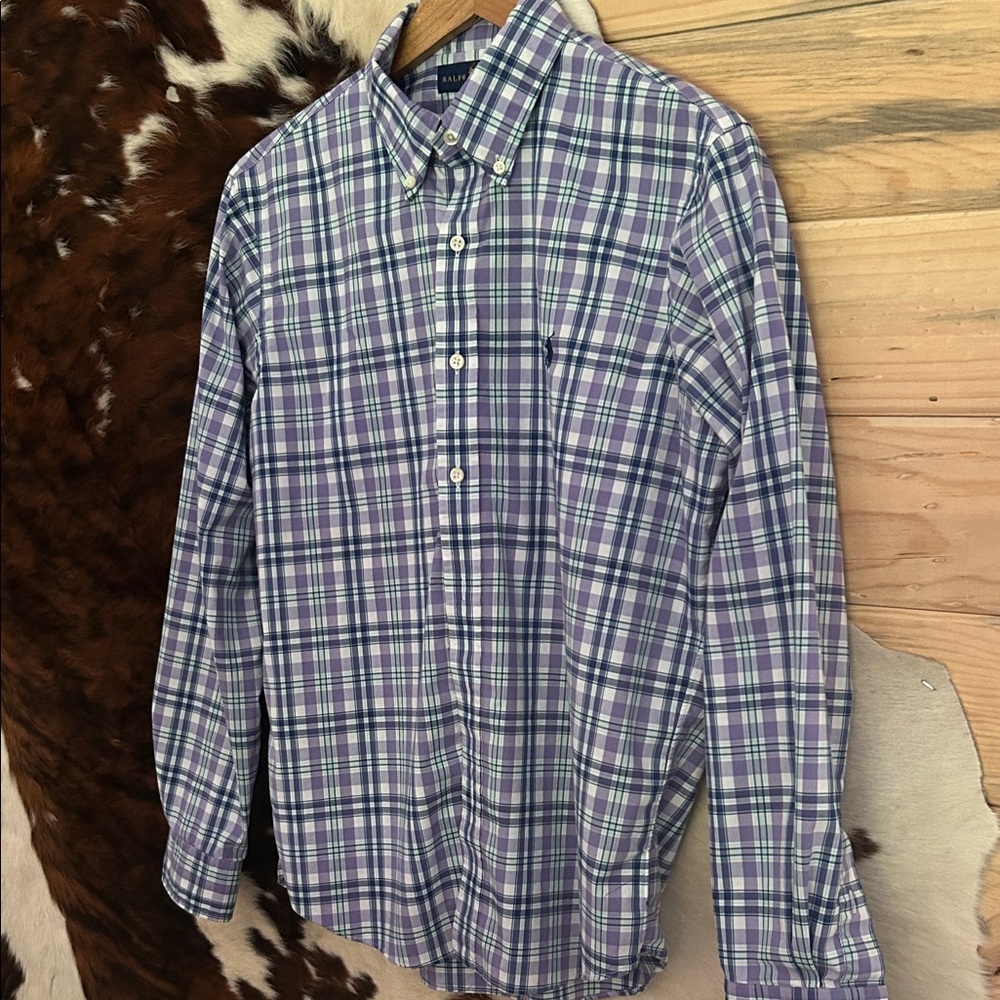 Polo Ralph Lauren Men's Blue and Green Plaid Shirt Size Medium